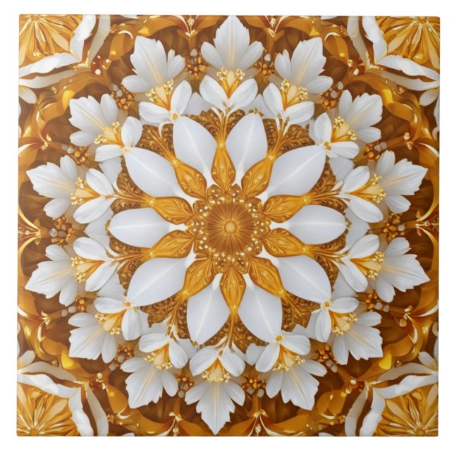 Golden Blommigt Snowflake Kaleidoscope Kakelplatta (Framsidan)