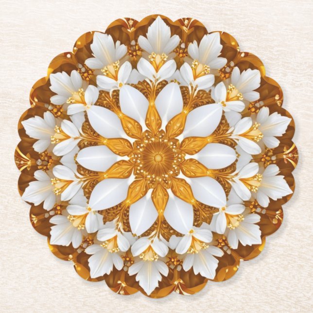 Golden Blommigt Snowflake Kaleidoscope Underlägg Papper (Framsida)