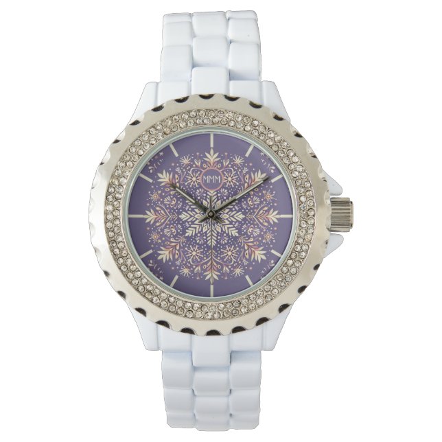 Golden Blommigt Snowflake Mandala Armbandsur (Framsida)