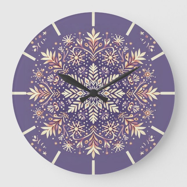Golden Blommigt Snowflake Mandala Stor Klocka (Framsida)