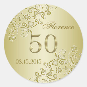 Golden blommigt snurrar 50:e födelsedag runt klistermärke