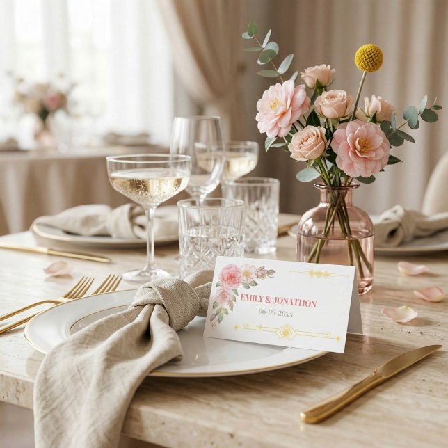 Golden Blommigt Watercolor Bröllop Placeringskort (Golden Watercolor Floral Boho Wedding Elegant Seating Place Setting Card)