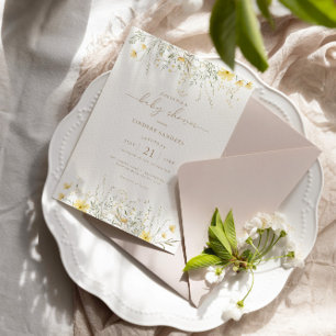 Golden Blommigt Wildblomma Gräns Baby Shower Inbjudningar
