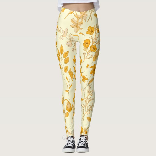 Golden Blommönster för hösten. L Gult BG Leggings (Framsida)