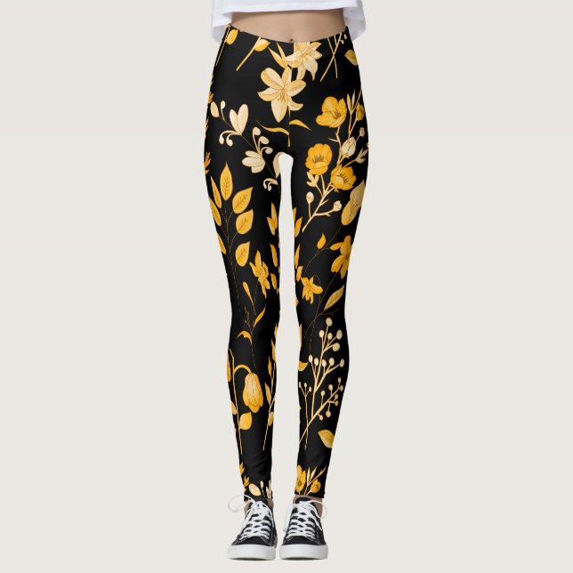 Golden Blommönster för hösten. Svart BG Leggings (Framsida)