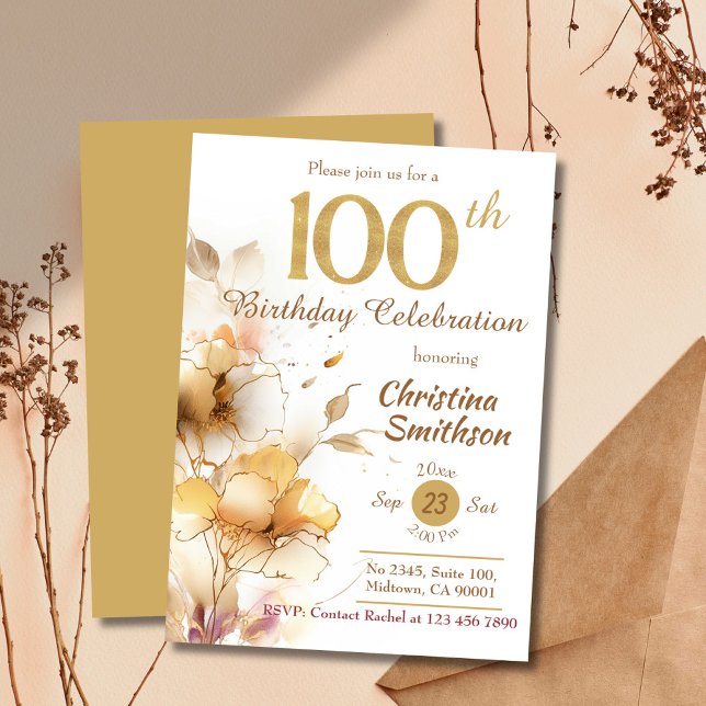 Golden Bloom blommigt elegant modern 100-dagarsdag Inbjudningar (Skapare uppladdad)