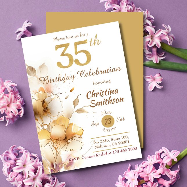 Golden Bloom - blommigtens elegant, modern 35e Inbjudningar (Skapare uppladdad)