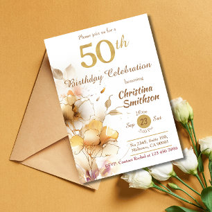 Golden Bloom - blommigtens elegant, modern 50:e fö Inbjudningar