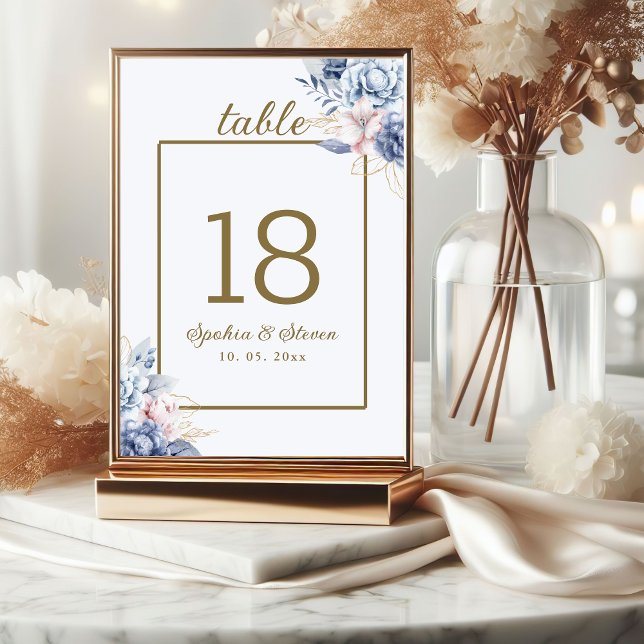Golden Bloom: Blue & White Floral Wedding  Bordsnummer (Skapare uppladdad)