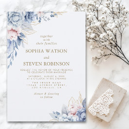 Golden Bloom: Blue & White Floral Wedding Inbjudningar