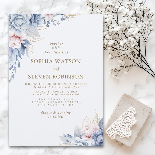 Golden Bloom: Blue & White Floral Wedding Inbjudningar (Skapare uppladdad)