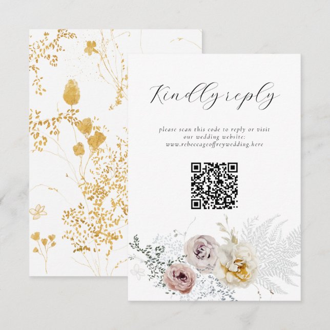 Golden Bloom delikat Blommigt Calligraphy QR Code OSA Kort (Fram/baksida)