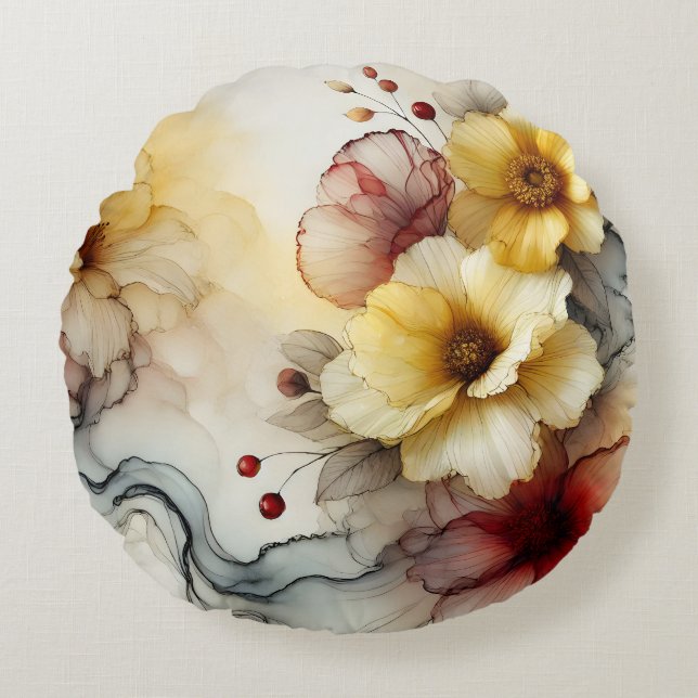 "Golden Bloom Elegance: Abstrakt Blommigt Serenity Rund Kudde (Framsidan)