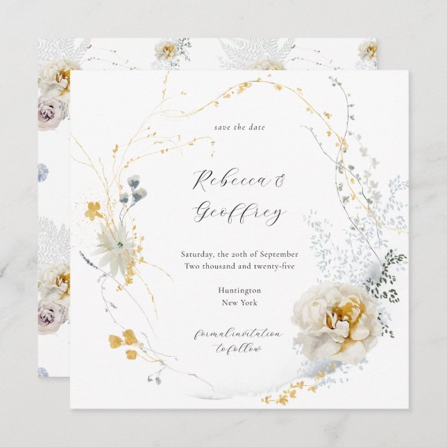 Golden Bloom Fintakt Blommigt Calligraphy Square Spara Datumet (Fram/baksida)