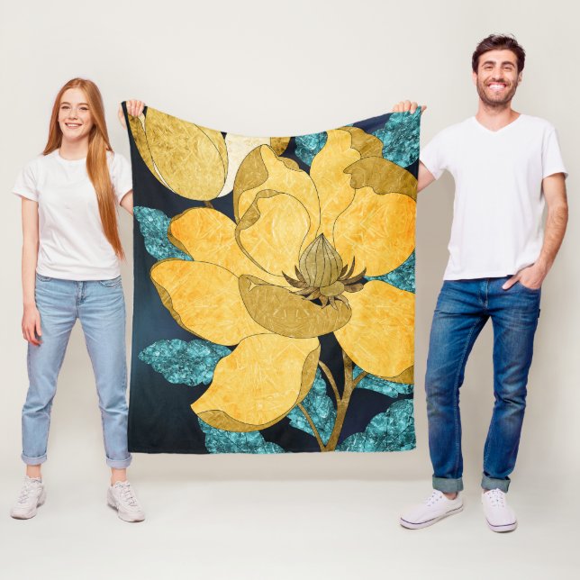 Golden Bloom med Abstrakten Teal Lövs Blommigt Fleecefilt (På plats)