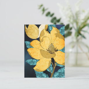 Golden Bloom med Abstrakten Teal Lövs Blommigt Vykort