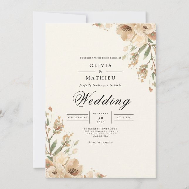 Golden Bloom Romantik Bröllop Inbjudningar (Framsida)