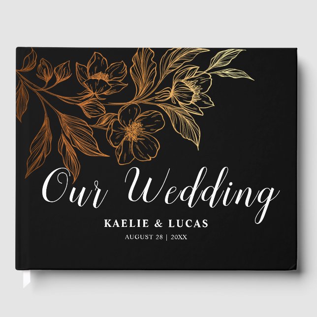 "Golden Blooms of Kärlek" | Svarta bröllop Gästböcker (Framsida)