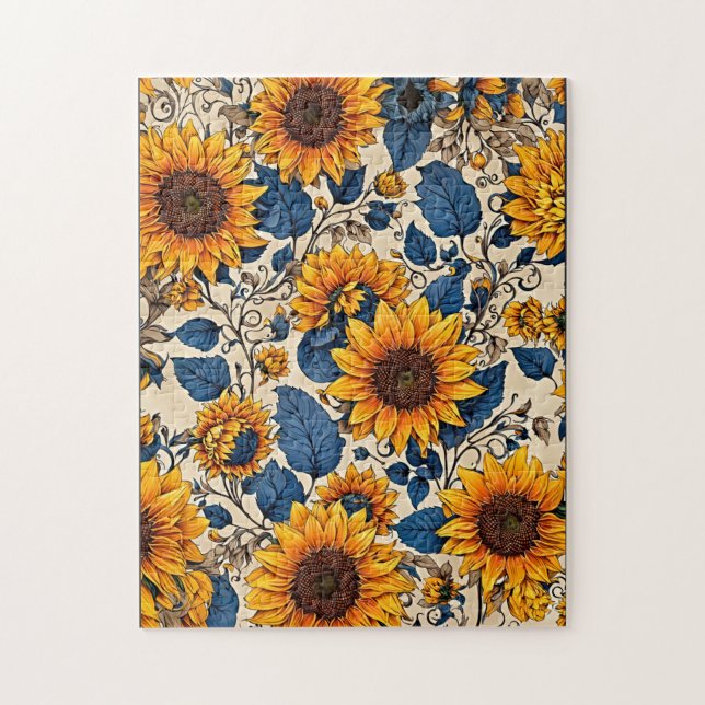Golden Blooms: Solblommor Mönster Artwork Pussel (Vertikal)