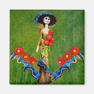 Golden Blue Antique Catrina Över Grönt Tvättat Boh Magnet