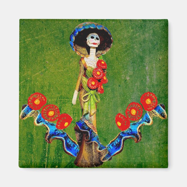 Golden Blue Antique Catrina Över Grönt Tvättat Boh Magnet (Framsidan)