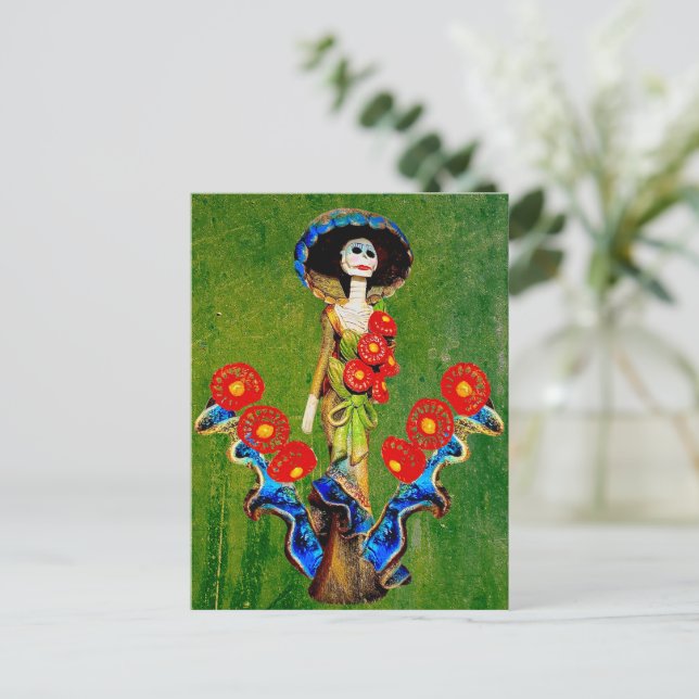 Golden Blue Antique Catrina Över Grönt Tvättat Boh Vykort (Stående Fram)
