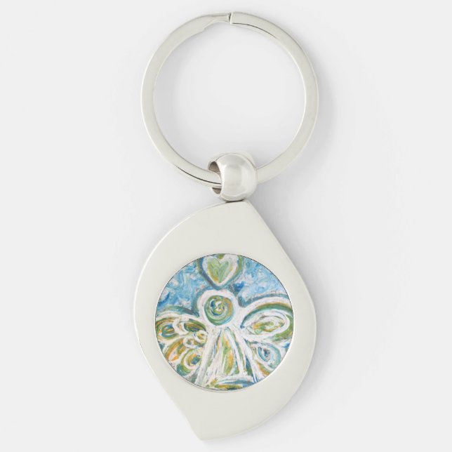 Golden Blue Guardian Angel Anpassningsbar Keychain Swirl Silverfärgad Nyckelring (Framsidan)