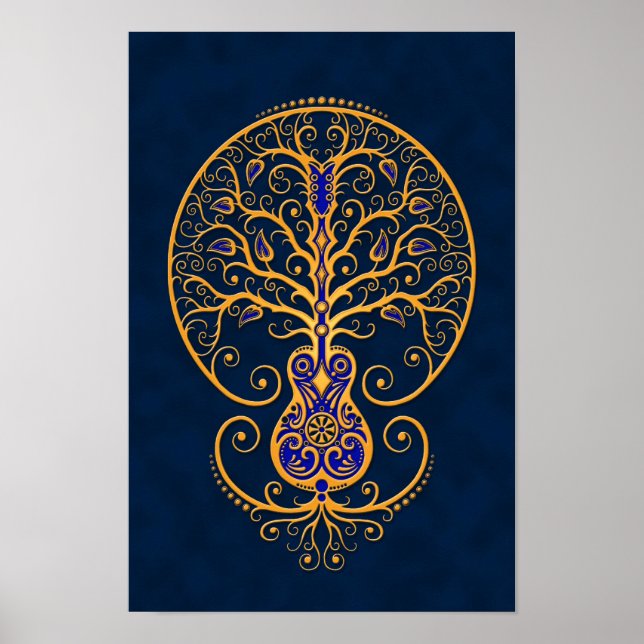Golden Blue Guitar Livets träd Poster (Framsidan)