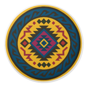 Golden Blue Magenta Diamond Zapotec Ceramic Knob Knopp