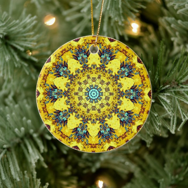 Golden bluish mandala-liknande mönster julgransprydnad keramik (Träd)