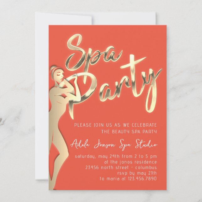 Golden Body SPA Party Instant Download Coral Inbjudningar (Framsida)