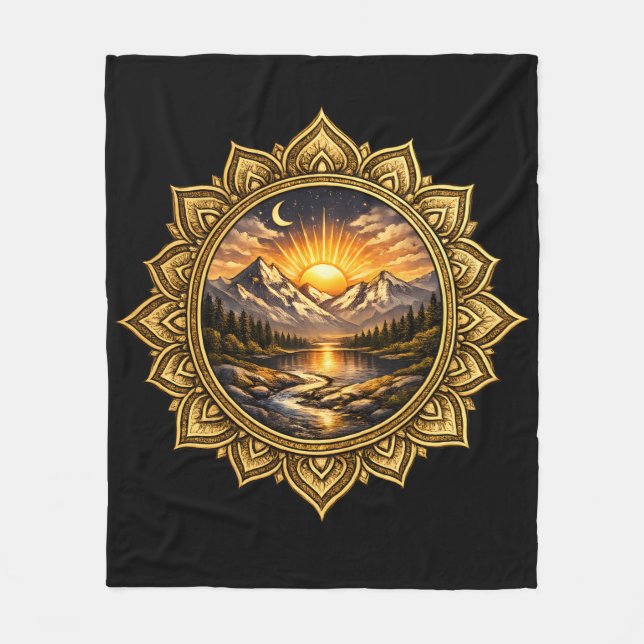 Golden Boho Mandala Mountain Sunset Art | Black Fleecefilt (Framsidan)
