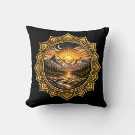 Golden Boho Mandala Mountain Sunset Art | Black Kudde
