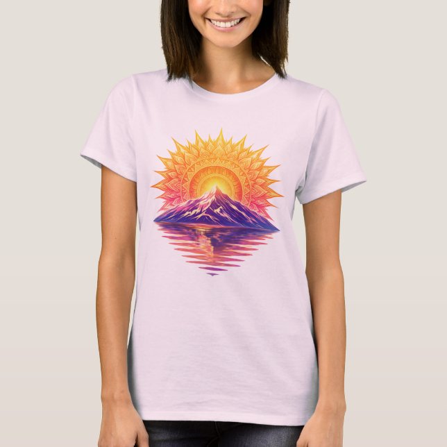 Golden Boho Mandala Sun Mountain Sunset Reflection T Shirt (Framsida)