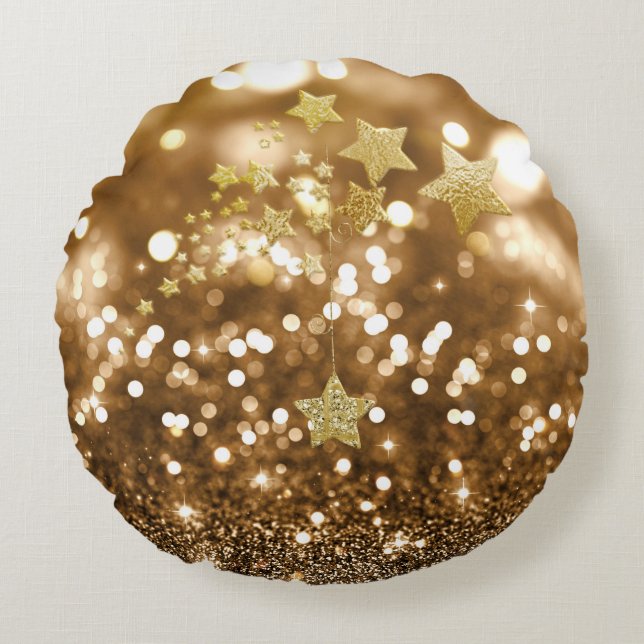 Golden Bokeh Faux Glitter & Stars Rund Kudde (Framsidan)