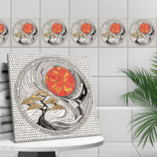 Golden Bonsai Sunrise Mosaic Kakelplatta