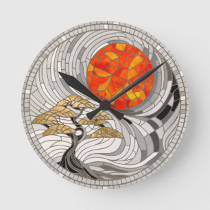 Golden Bonsai Sunrise Mosaic Rund Klocka