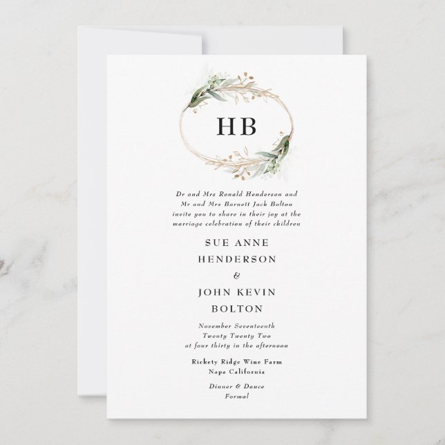 Golden Botanical Eucalyptus Wandean Monogram Grönt Inbjudningar (Framsida)