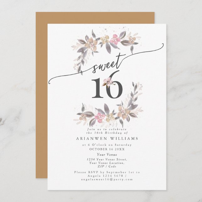 Golden bouquet Fall ro Sweet 16 Inbjudningar (Fram/baksida)