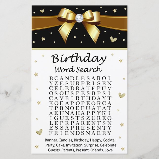 Golden bow Birthday Ord Search Game (Framsida)