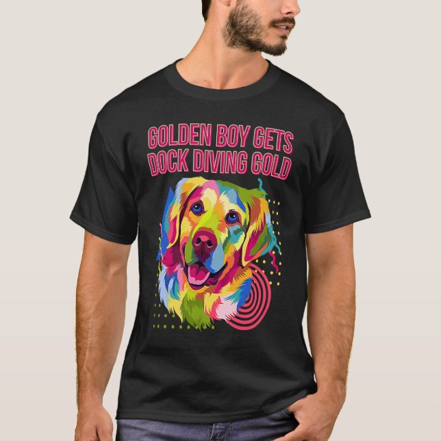 Golden Boy Gets Dock Diving Gold  Golden Retriever T Shirt (Framsida)