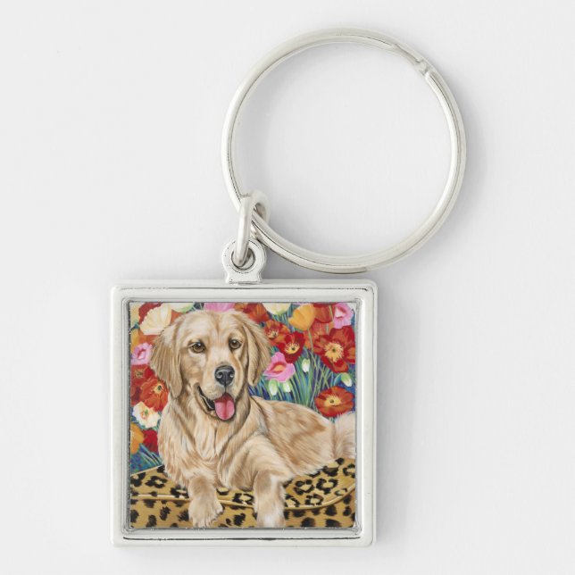 Golden Boy Retriever Fyrkantig Silverfärgad Nyckelring (Framsidan)