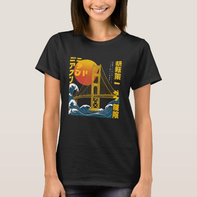 Golden Bridge Japanska Stil Sunset California Bri  T Shirt (Framsida)