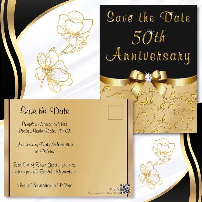 Golden Bröllop-årsdagen Spara datumkort Vykort (Cheap, 50th anniversary Save the Date Post Cards. Black and  Gold Save the Date Post Cards. 50 year.)