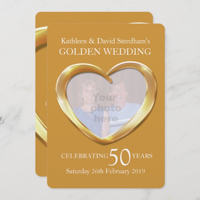 Golden bröllop hjärtfoto 50 år party inbjudan (Fram/baksida)