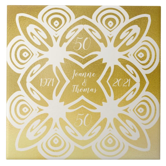 Golden Bröllop Personlig Art Deco Ornamental Kakelplatta (Framsidan)