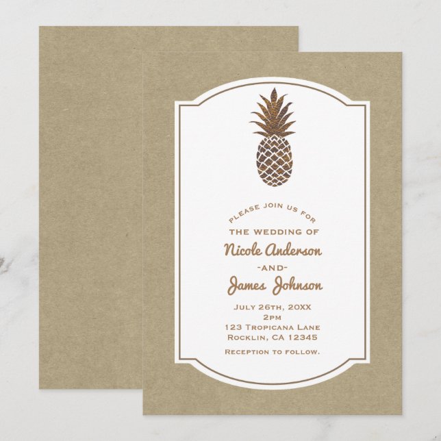 Golden Bronze Pineapple Kraft Natural Tropical Inbjudningar (Fram/baksida)