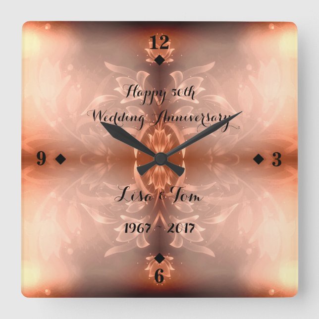 Golden Brown Floral 50th Wedding Anniversary Fyrkantig Klocka (Framsida)