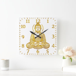 Golden Buddha-staty i Meditation Fyrkantig Klocka