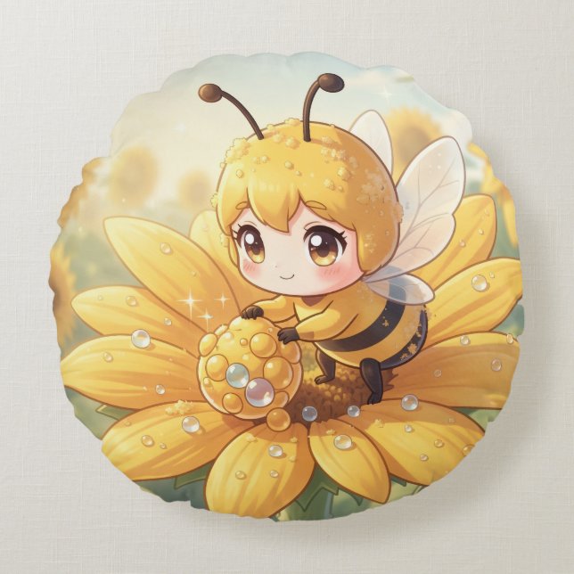 Golden Bumblebee in Bloom Dance.1 Rund Kudde (Framsidan)